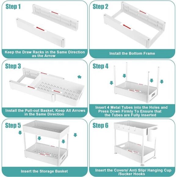 2-Tier Pull Out under sink organizers and storage, bathroom organizer with Hook - Picture 1 of 12